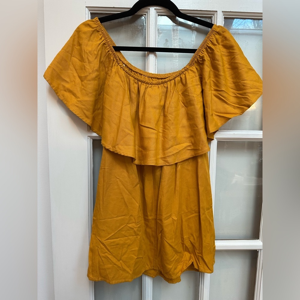 Reformation Boho Golden Mustard Classic Off The Shoulders Mini Dress Size XS - Picture 3 of 7